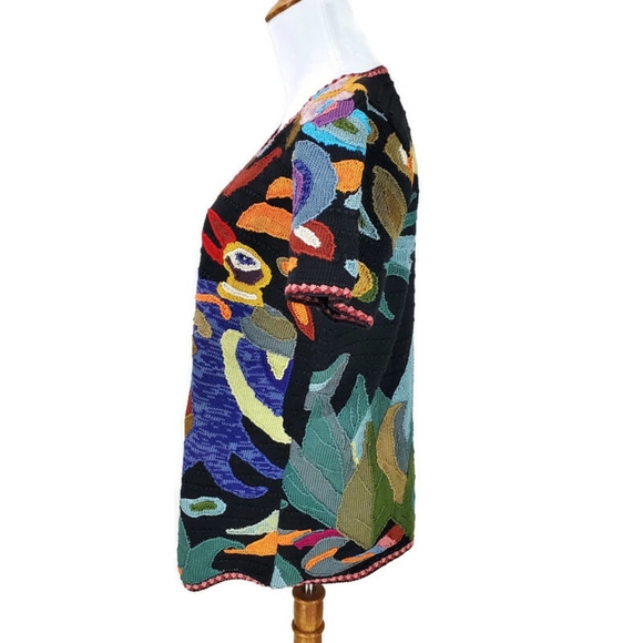 Peruvian Connection Sz S Fiber Rich Birds Fish Art-To-Wear Round Luxury Sweater - Picture 2 of 12